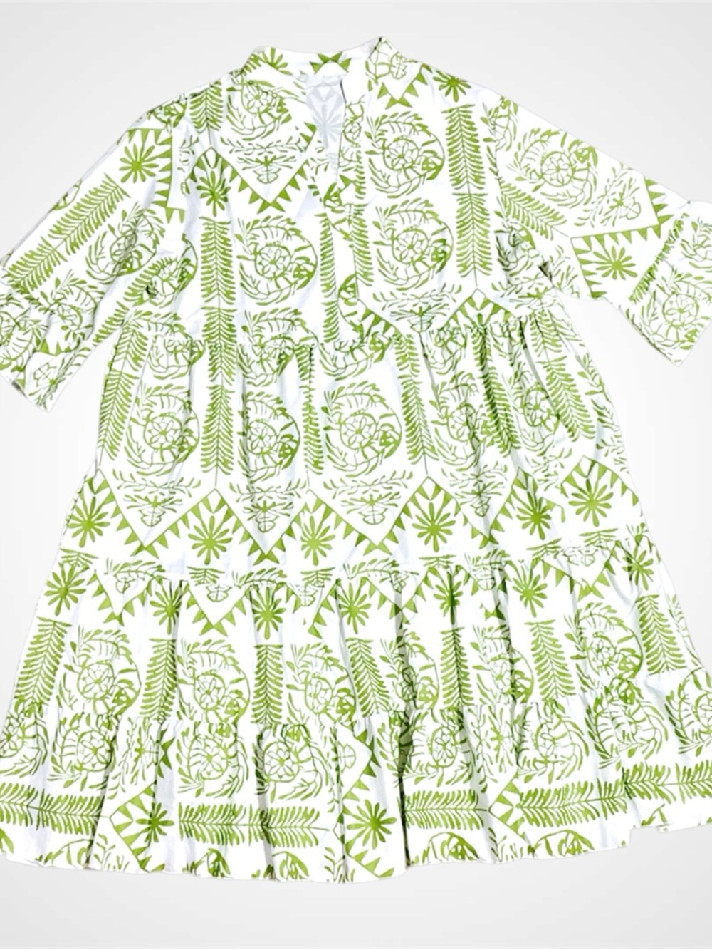 NWOT - Green and White Printed Tiered Dress